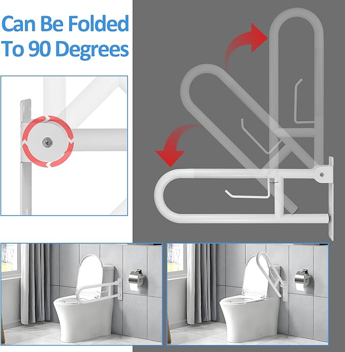 Handicap Grab Bar, 23.6 Inch Stainless Steel Toilet Safety Rails, White Disabled Flip-Up Bathroom Grab Bars with Paper Holder, Anti-Slip Toilet Handrails Hand Grips Grab Bars for Elderly