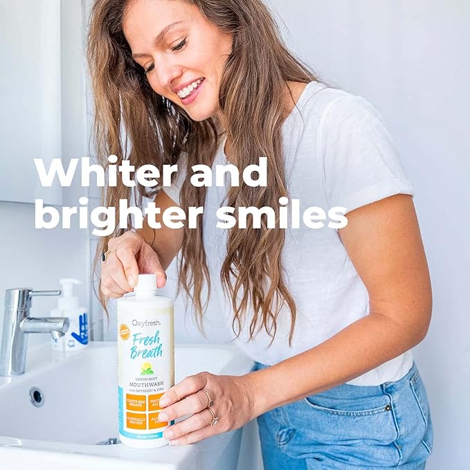 Oxyfresh Lemon Mint Fresh Breath Mouthwash – Bad Breath Treatment – SLS & Fluoride Free – Alcohol Free, Gentle Nonburning with Xylitol & Essential Oils – 16 Fl Oz