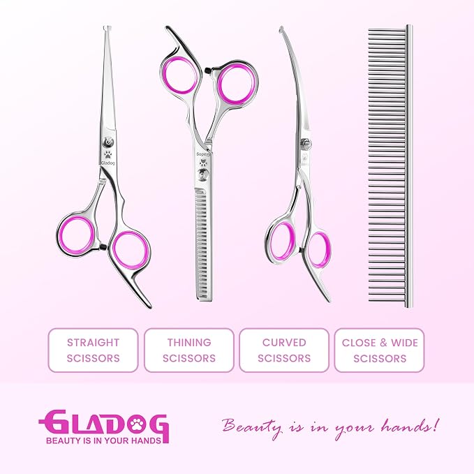 GLADOG Professional 5 in 1 Dog & Cat Grooming Scissors Set with Safety Round Tips, Sharp and Heavy-duty Pet Grooming Shears for Cats (Red)