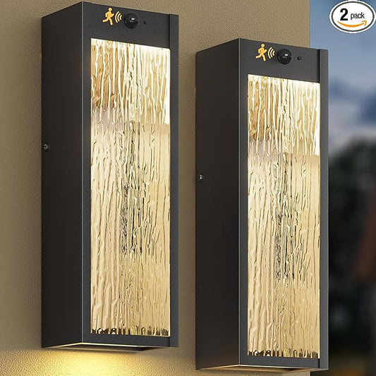 2 Pack LED Outdoor Wall Light 15in Dusk to Dawn Black Porch Light | Motion Sensor, 3 Lighting Modes, Water Ripple, Exterior Lighting Fixtures, Outside Lights Anti-rust for House Garage