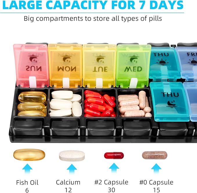 FGcase AM PM Weekly 7 Day Pill Organizer, Large Daily Pill Cases Pill Box with Easy Push Button, Pill Reminder Container for Medicine, Vitamin, Pills, Fish Oil and Supplement