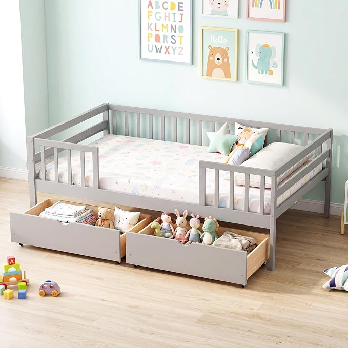 Giantex Full Kids Bed with Storage Drawers, Wood Montessori Bed with Rails & Side Shelf, Low Daybed Bed Frame for Boys Girls, No Box Spring Needed (Grey)