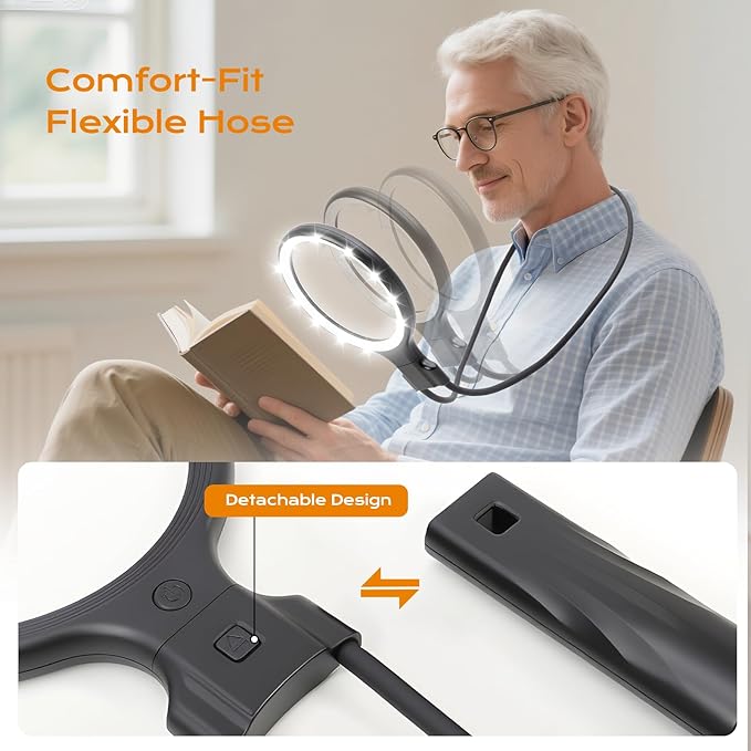 Hands Free & Handheld 10X/5X Magnifying Glass, Rechargeable 30 LED with 3 Light Modes for Seniors with Low Vision, Reading, Crafting (Black)