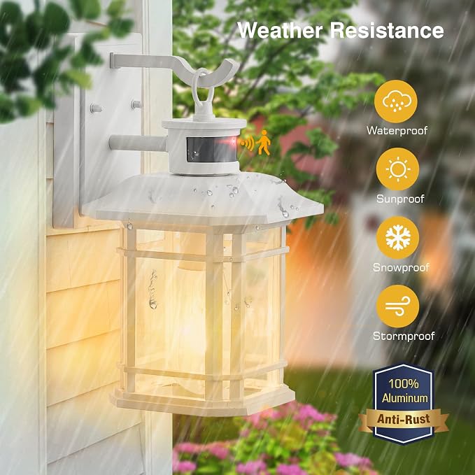 VIANIS Outdoor Motion Lights for House, 2-Pack Dusk to Dawn Outdoor Lanterns for Front Porch Waterproof, Anti-Rust Aluminum Exterior Wall Sconce with Tempered Water Glass for Garage Entrance Entryway