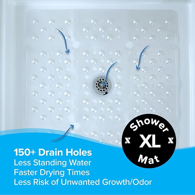 SlipX Solutions 27" Oversize Square Shower Mat, Non-Slip Mat for Elderly & Kids, 100+ Power Grip Suction Cups for Smooth Surfaces, Machine Washable, White Pearl