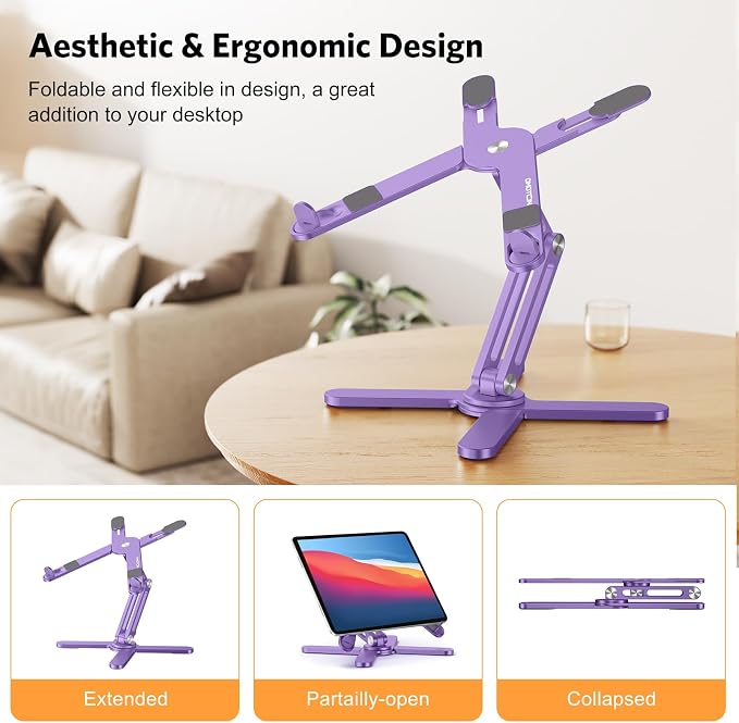 OMOTON LA10 360° Rotating Laptop Stand Riser Foldable for Desk, Purple | Aluminium Aolly, Adjustable Height Angles, Collaborative Work, Easy Storage, Fits Laptops up to 17", for MacBook Pro/Air HP