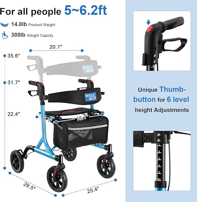 WALK MATE Rollator Walker for Seniors with Cup Holder, Upgraded Thumb Press Button for Height Adjustment, 4 x 8 Wheels Walker with Seat Padded Backrest Folding Lightweight Walking Aid, Blue
