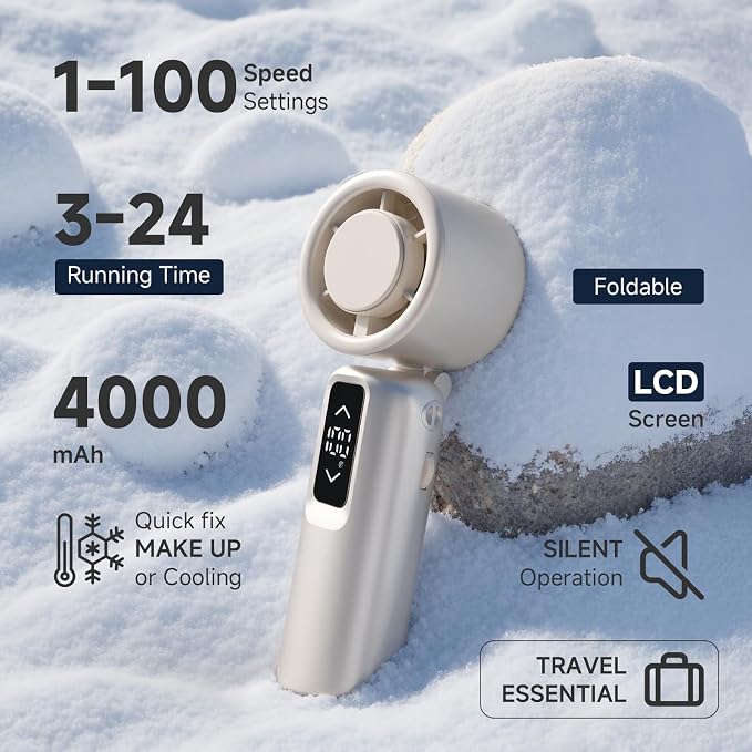 Portable Handheld Turbo Fan, 1-100 Gear Wind, Battery Operated, Up to 23 Working Hours, 3 IN 1 Personal Fan with Air Turbo Tech, Cooling Essentials for Indoor/Outdoor(Gold)