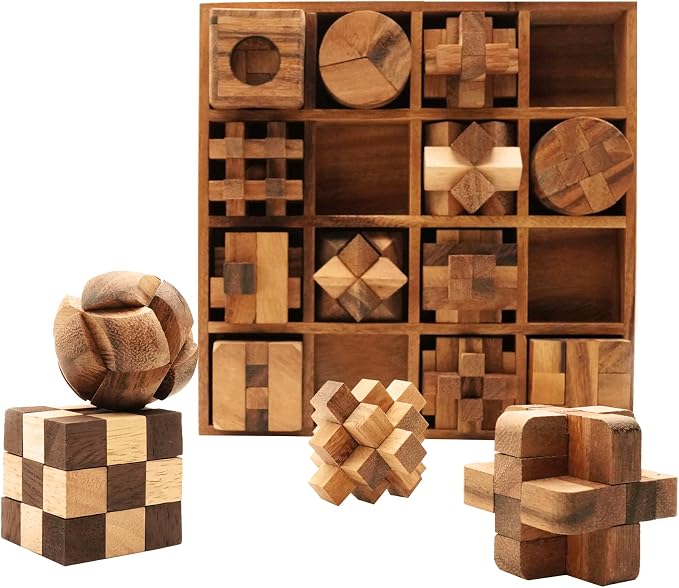 BSIRI 16 in 1 Wooden Brain Teaser Puzzles for Adults and Seniors Interlocking 3D Mini Wood Mind Games Hand Puzzle Teasers Set Toys Coffee Table Games Gift