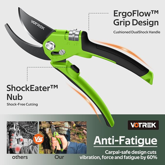 VOTREK® Pruning Shears, Patented Stepless Handle Opening for All Hand Size