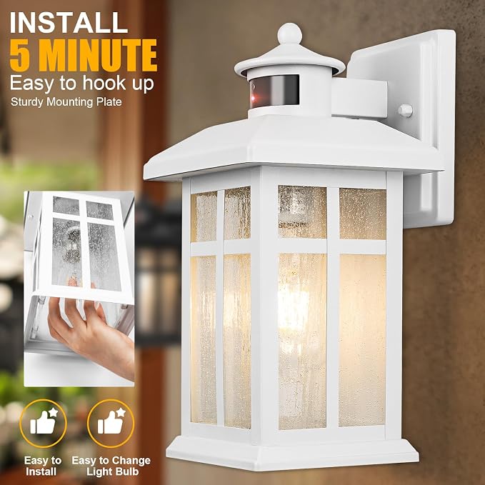 Brilvibera Dawn to Dusk Motion Sensor Exterior Wall Light Fixtures | Exterior Wall Mount with E26 Sockets & Tempered Glass, Waterproof Outdoor & Indoor Lights for House, Porch, Garage, White
