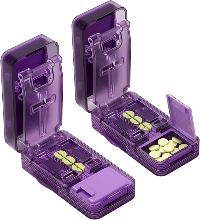 Pack of 2 Pill Cutter - 1/4 & 1/2 Pill Splitter for Small Tiny Large Pills Professional | Hidden Blade & Sealed Storage | Adjustable & Cuts Multiple Tablets | Includes Cleaning Brush (Purple)