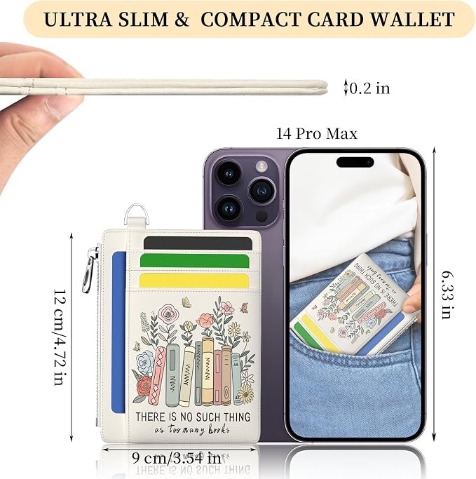 Hancynir Book Lover Floral Slim Wallet Women Credit Card Holder RFID Small | Zipper Pocket Wallet, Thin Travel Coin Purse, Ladies Women Gifts, Minimalist Card Case, 6 Card Slots, ID Window, PU Leather