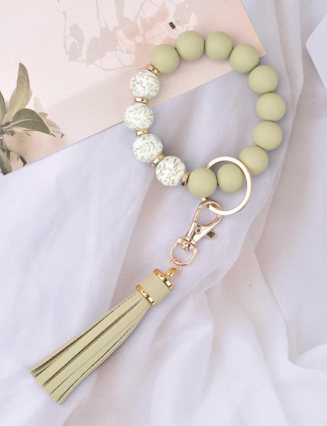 BAOSIWA Silicone Beaded Bracelet Keychain Wristlet Key Ring Bangle Chains for Women with Leather Tassel