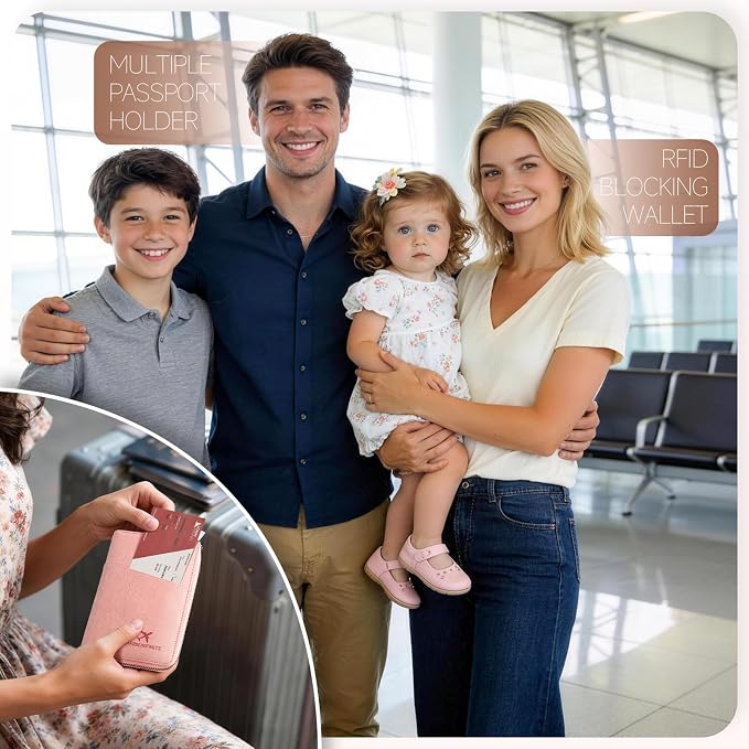 Likesing Family Passport Holder for 4, RFID Multiple Passport Holder-Brown | Leather RFID Blocking Travel Passport Wallet with Zipper, Travel Document Organizer with Wrist Strap Card Slots for Women Men