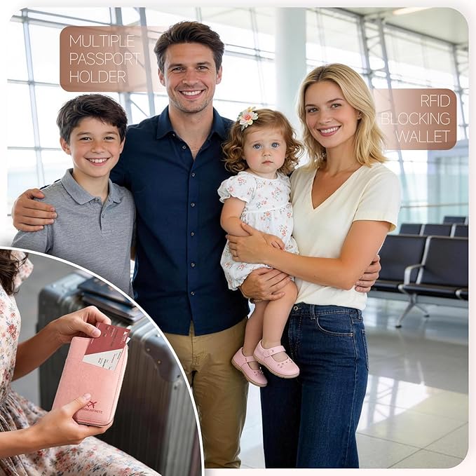 Likesing Family Passport Holder for 4, RFID Multiple Passport Holder-Pink | Leather RFID Blocking Travel Passport Wallet with Zipper, Travel Document Organizer with Wrist Strap Card Slots for Women Men