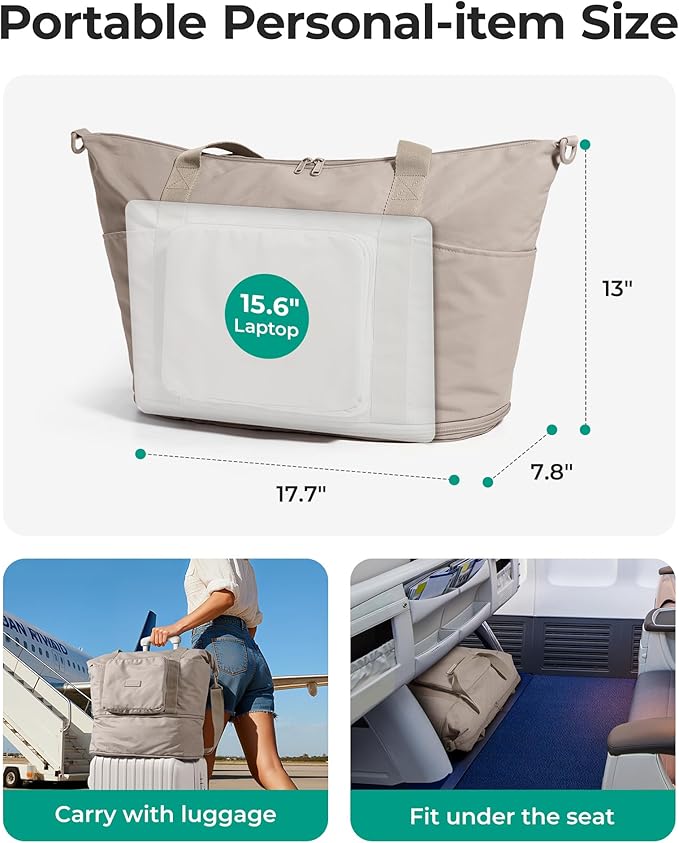 BAGSMART Foldable Travel Bag, 37L Expandable Personal Item Bag, Lightweight Weekender Bags for Women, Water Resistant Extra Carry on for Travel, Grayish Green