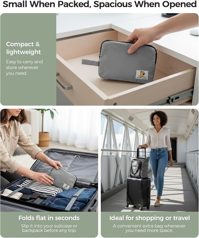 Foldable Travel Bag, 26L Lightweight Weekender Duffel, Expandable Second Carry-On Bag for Travel & Shopping, Water-Resistant Personal Item Bag, Gray