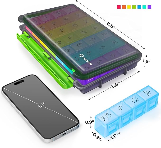 AUVON iMedassist Moisture-Proof Weekly Pill Organizer 4 Times a Day, Large 7 Day Pill Box Case with Portable Design for Travel, Removable Individual Containers Hold Vitamins, Supplements, Medications