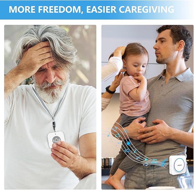 SINGCALL Wireless Portable Caregiver Pager Panic Alarm System Personal Alarm for Elderly/Kids/Pregnant/Patients Alert Call Button with Detachable Lanyard 2-Pack Emergency Call Buttons