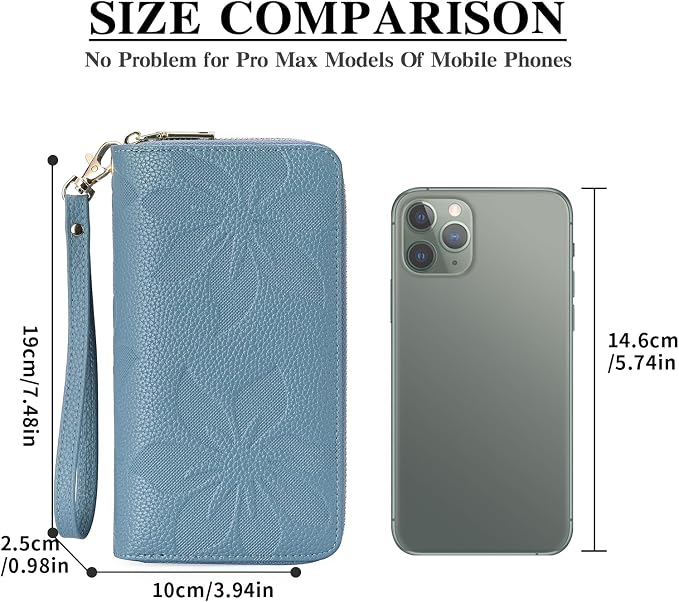 GOIACII Women's Wallet Large Capacity Double Zip Ladies Card Phone Holder RFID Blocking Wristlet Leather