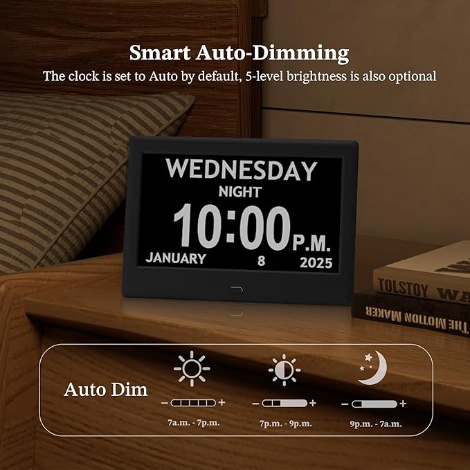 2025 NEW, Digital Clocks, 7'' Dementia Clock with Date and Time for Elderly, Auto-Dimming, 12 Reminders & 6 Alarms, Button & Remote Control, Auto DST, Digital Calendar for Seniors Large Display