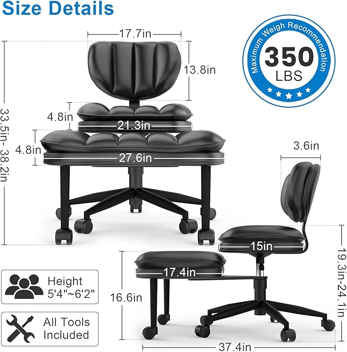 Cross Legged Office Chair, Ergonomic Cloud Criss Cross Desk Chair, Meditation Chair with Wheels, Height Adjustable Seat for ADHD, Wide Kneeling Chair with Back Support