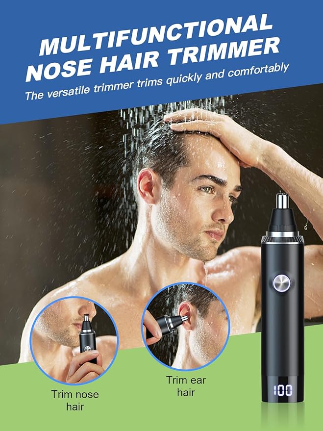 Ginity Ear & Nose Hair Trimmer with LED Display for Men Women,Painless USB Rechargeable Eyebrow & Facial & Nose Hair Trimmer Clipper,Professional IPX7 Waterproof Dual Edge Blades (Black)