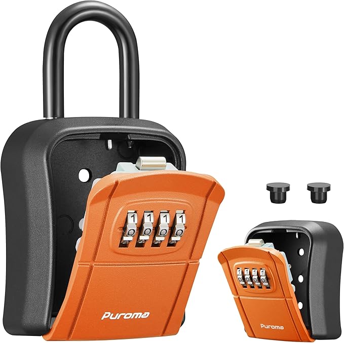 Puroma Key Lock Box Outdoor 4 Digit Code Combination Lockbox House 1 Orange | For Contractors Guest Realtor Storage Keys, Portable, Home Wall Mount, Resettable, Combination, Weatherproof, High-capacity