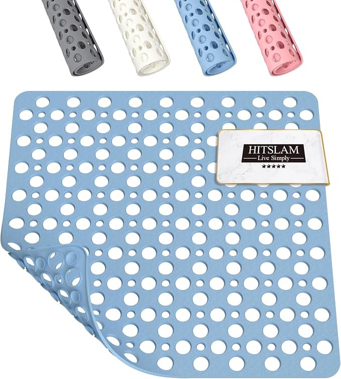 HITSLAM Shower Mat Anti Slip, 21x21 Inch No Odor Soft TPE Bathroom Shower Stall Floor Mat, Square Bath Mat for Tub Non Slip with Suction Cups and Drain Holes, Machine Washable, Soft on Feet, Blue
