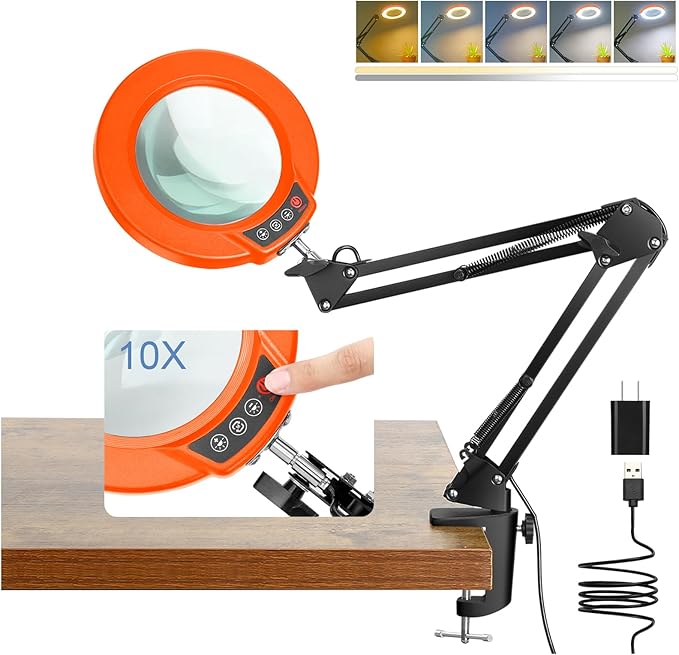 10X Magnifying Glass with Light and Clamp, Real Glass Stand Lighted Magnifier, 5 Color Modes Stepless Dimmable LED Desk Lamp Hands Free for Crafts Hobby Reading Painting Close Work - Black Orange