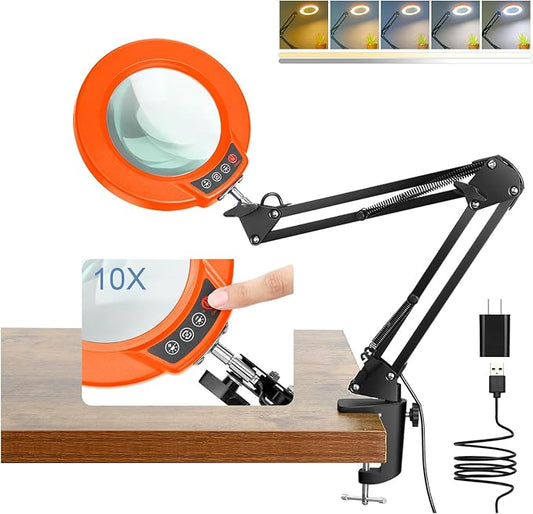 10X Magnifying Glass with Light and Clamp, Real Glass Stand Lighted Magnifier, 5 Color Modes Stepless Dimmable LED Desk Lamp Hands Free for Crafts Hobby Reading Painting Close Work - Black Orange
