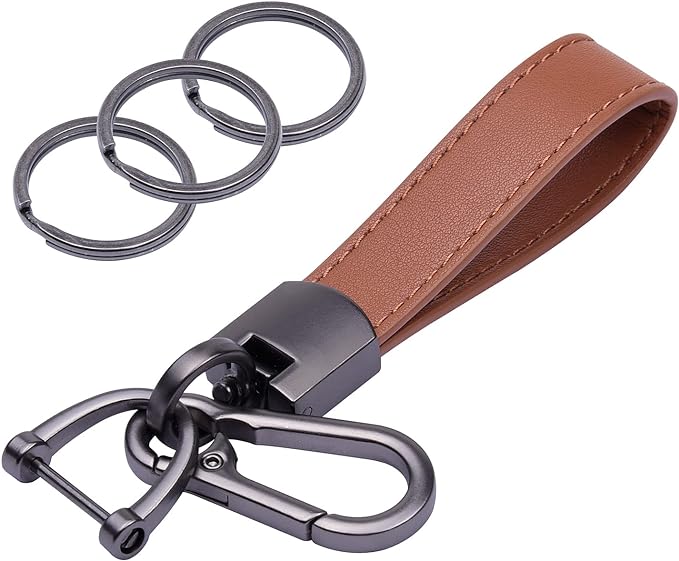 Wisdompro Genuine Leather Car Keychain, Universal Key Fob Keychain | Leather Car FOB Key Chain Holder for Men and Women, 360 Degree Rotatable, with Anti-lost D-ring and 3 Keyrings