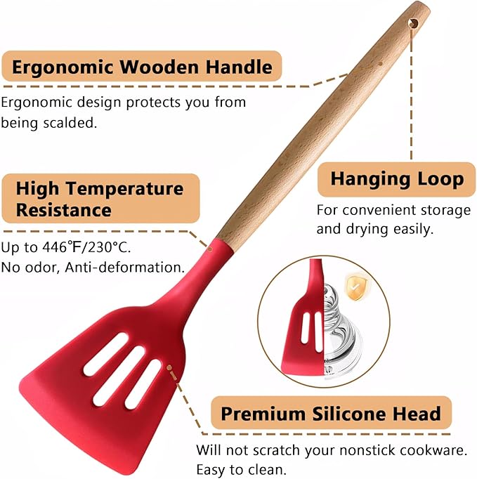 Silicone Cooking Utensils Set 5Pcs Non-Stick Silicone Kitchen Utensils for Cooking, Heat Resistant Kitchen Gadgets Spatula Spoon Turner Set with Wooden Handles for Non-Stick Cookware BPA Free