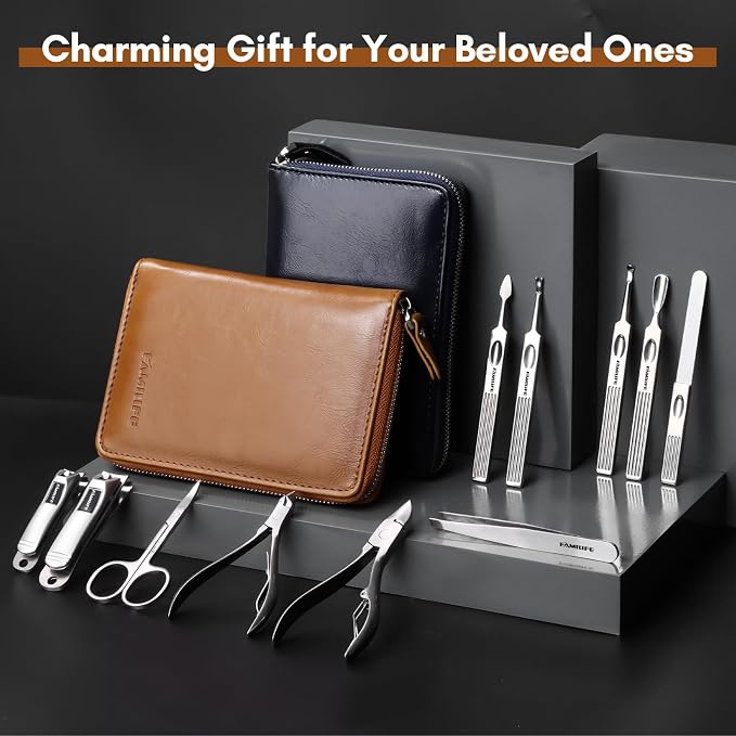 FAMILIFE Manicure Set, 11 in 1 Professional Manicure Kit Nail Clippers Set, Stainless Steel Pedicure Tools Toe Nail Kit, Men Grooming Tool with Portable Brown Leather Travel Case Gifts for Men Women