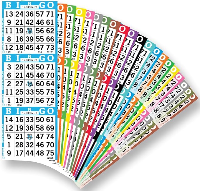 Bingo Books – 3 Faces, 20 Pages Each, 50 Disposable Game Books – 20-Color Rotation, Recyclable Dauber Sheets for Seniors & Adults (3on20up)