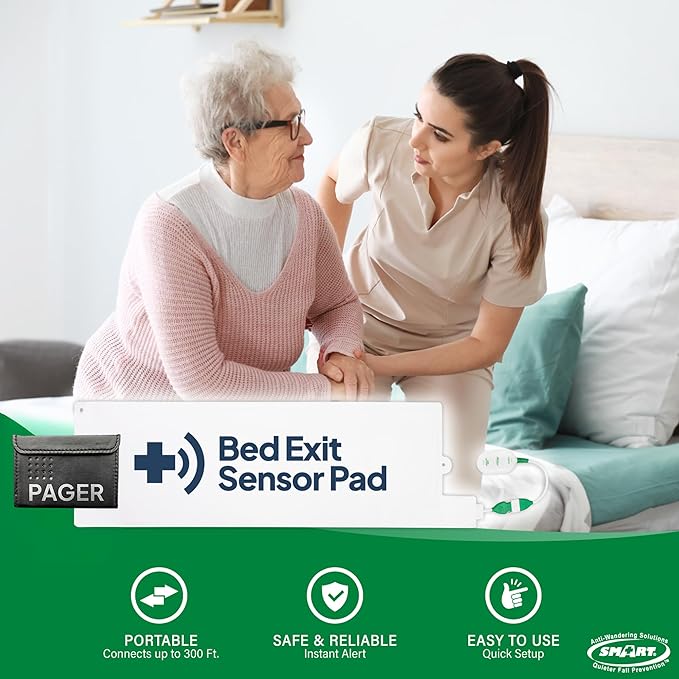 Smart Caregiver Bed Exit Alarm with Wireless Pager - Early Alert Fall Prevention for Seniors and Elderly - Weight Sensing Bed Pad Alerts Caregiver When They Get Up - USA Company and Customer Service