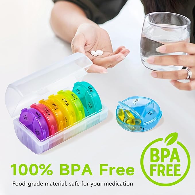 2 Pack Large Weekly Pill Organizer Medicine Container, Clear Round Daily Pill Organizer 7 Day 3 Times A Day with 21 Compartments, BPA Free Medication Storage to Hold Vitamin, Oils, Supplement