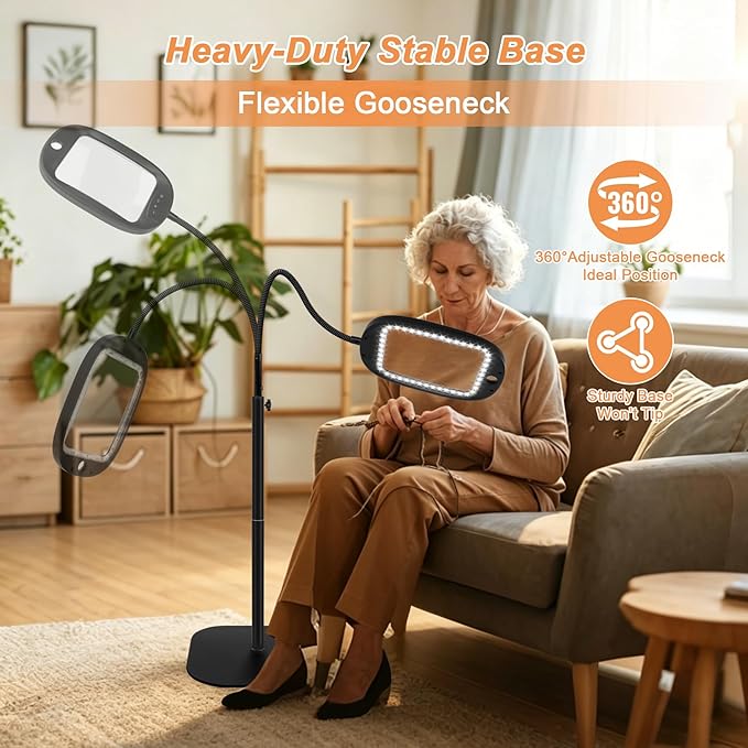 30X/10X Floor Magnifying Glass with Light and Stand, 45 LED Flexible Gooseneck, Hands-Free Magnifying Lamp for Reading, Close Work, Sewing