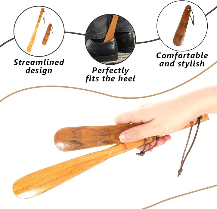 2 Pcs Wooden Shoe Horn Premium Shoe Horn Long Handle for Seniors Long Lazy Shoes Helper Spoons for Seniors Pregnancy Men Women Home or Travel (12.5 inch/6 inch)