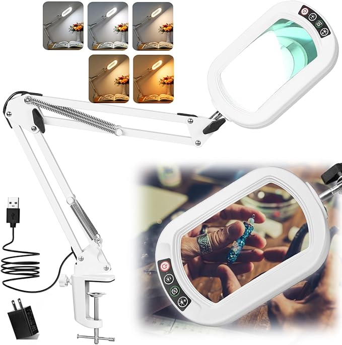 10X Rectangle Magnifying Glass with Light, 5 Color Modes Stepless Dimmable Magnifier with Stand, LED Lighted Clamp Desk Lamp with Swing Arm, Hands Free for Reading Painting Close Work - White