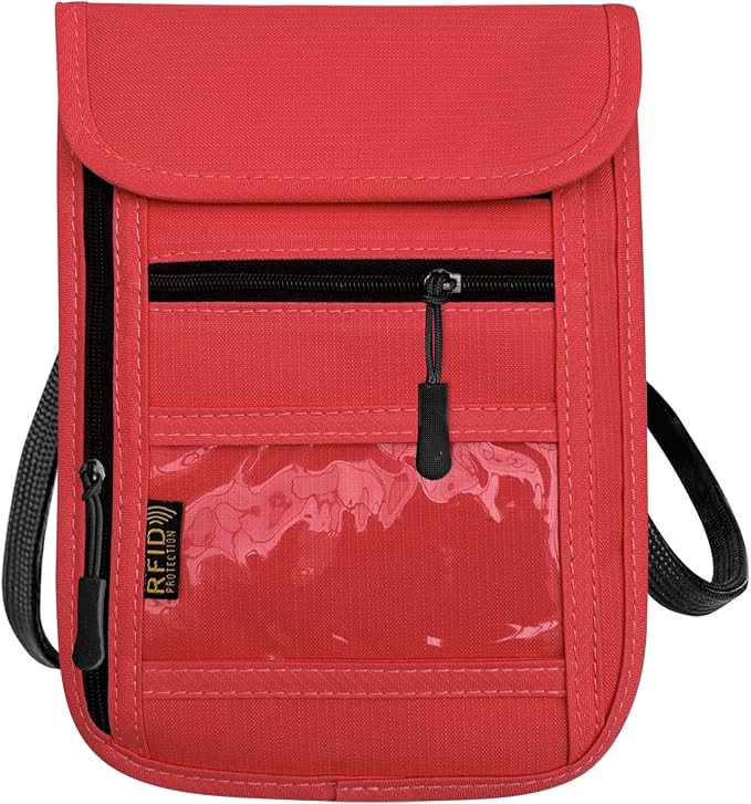 RFID Blocking Travel Neck Wallet Pouch and Passport Holder, Travel Neck Pouch Passport Holder for Women & Men - Red