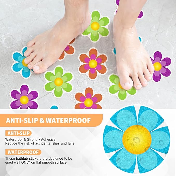 Non Slip Bathtub Stickers, 20 PCS Shower Stickers for Safety Bathroom Tubs, Bathtub Non Slip Stickers and Adhesive Decals Scraper for Bath Tub, Shower Floor(Bright Flowers)