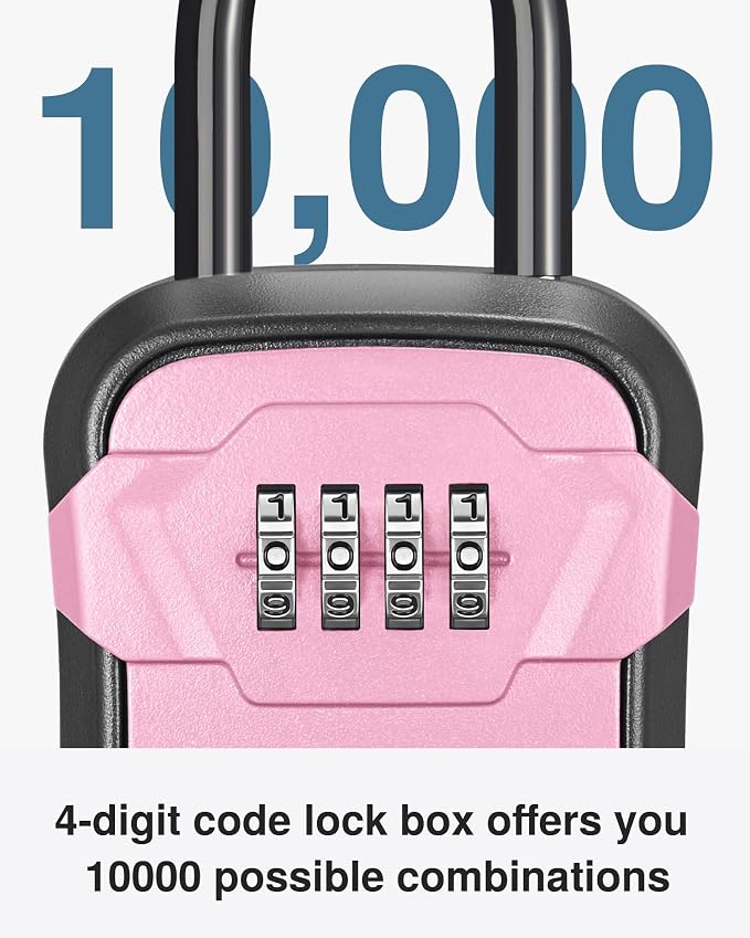 Puroma Lock Box, Key Lock Box Wall Mount & Portable Combination Lockbox with Resettable Code, Security Lockbox for Outside House Keys, Apartment Realtors Spare Keys Storage (1 Pack, Pink)