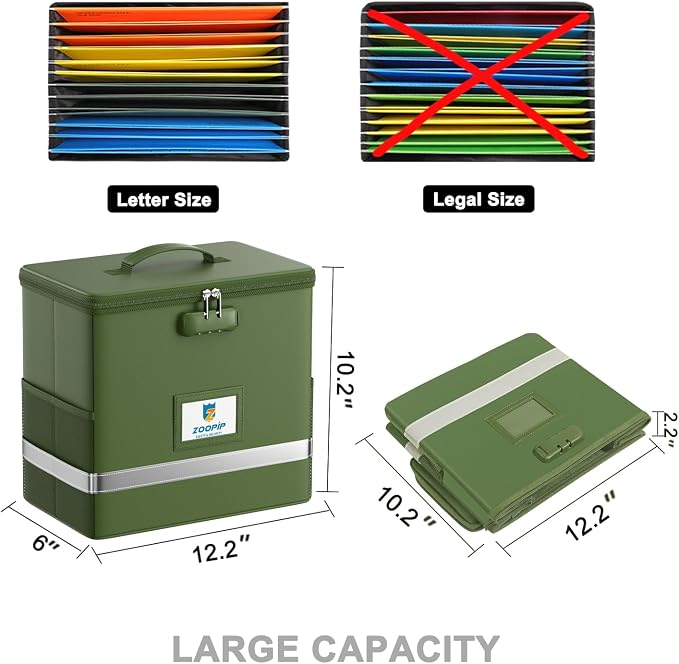 Fireproof File Box with Lock, Collapsible Document Organizer, Green | Suitable for Hanging Folders in Letter Size, Reflective Strip for Fast Find, Home Office Safe Protection,12.2"x6"x10.2"