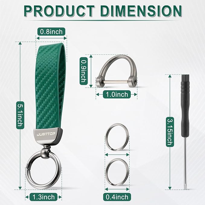 JUSTTOP Leather Keychain, Carbon Fiber Car Key Chain with Anti-Lost D-Ring and 2 Key Ring, Keychain Wristlet, Car Accessories, Universal Keychain for Men and Women (Green)