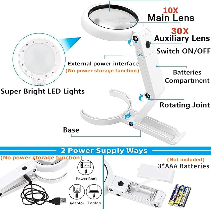 Magnifying Glass with Light and Stand, Foldable Handheld Large Magnifying Glass, Dual Brightness LED Illuminated Lighted Magnifier for Macular Degeneration, Seniors Reading, Close Work, Coins, Jewelry