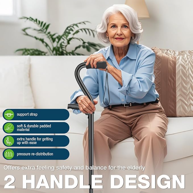 Ciavca Walking Canes for Women & Men, Adjustable Folding Quad Cane, Heavy Duty Walking Sticks Canes for Seniors Balance,Collapsible, Lightweight Self Standing Cane with 2nd Handle and 4-Pronged Base