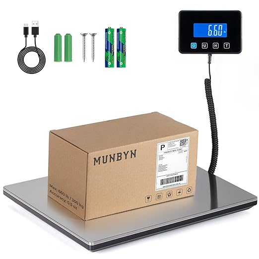 MUNBYN Shipping Scale, 440lb/1.8oz Digital Postal Scale for Packages with Hold/Tare Function, Backlit LCD, Battery & Cable Included, Postage Scale for Small Business, Packages, Luggage, and Home Use