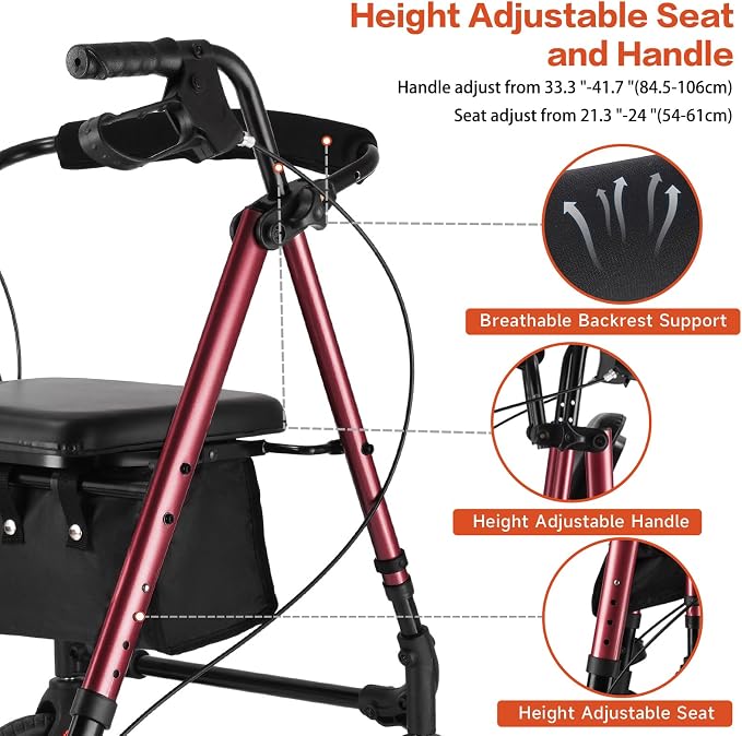 Foldable Rollator Walker for Seniors with Seat,4 Wheel Rolling Walkers | 300lbs walker with tray for Adults & Mobility Impaired|8" Airless Tires|Anti-tip brakes|Adjustable height|Tool-Free Assembly